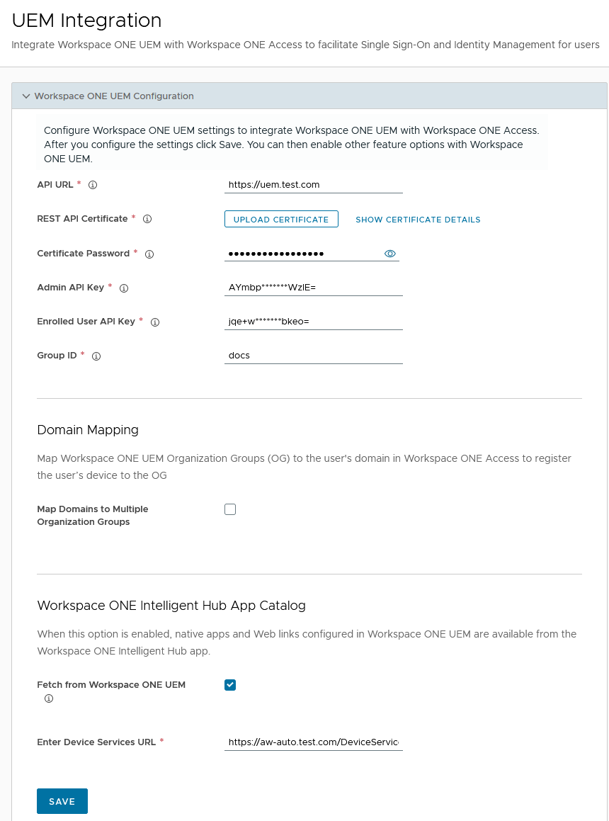 UEM Integration page in the Omnissa Access console UEM Integration page in the Omnissa Access console