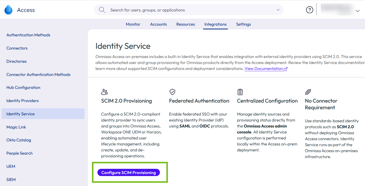 Identity Service page in the Omnissa Access console Identity Service page in the Omnissa Access console