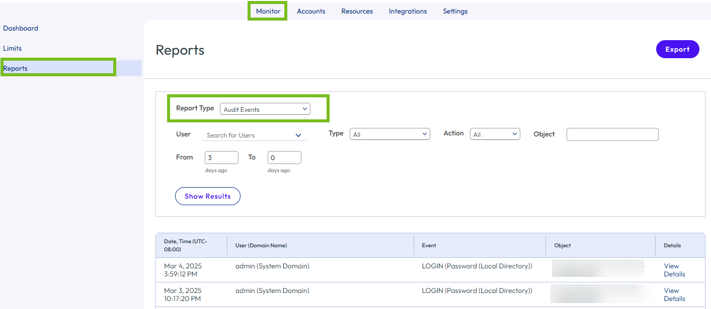 Omnissa Access Audit report from admin console.
