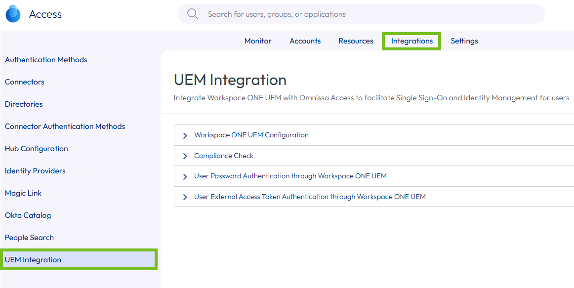 UEM Integration options on the Omnissa Access console