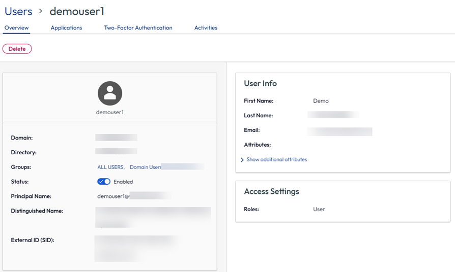 User Profile Page in Access Console User Profile Page