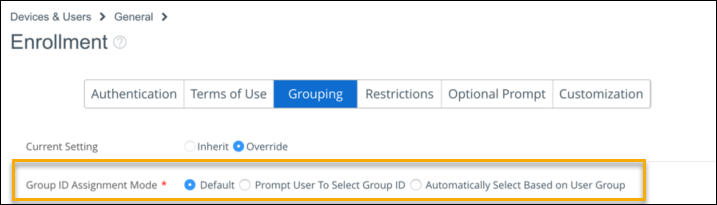 Workspace ONE
UEM Group Enrollment for Devices Screenshot of Enrollment page showing Grouping tab