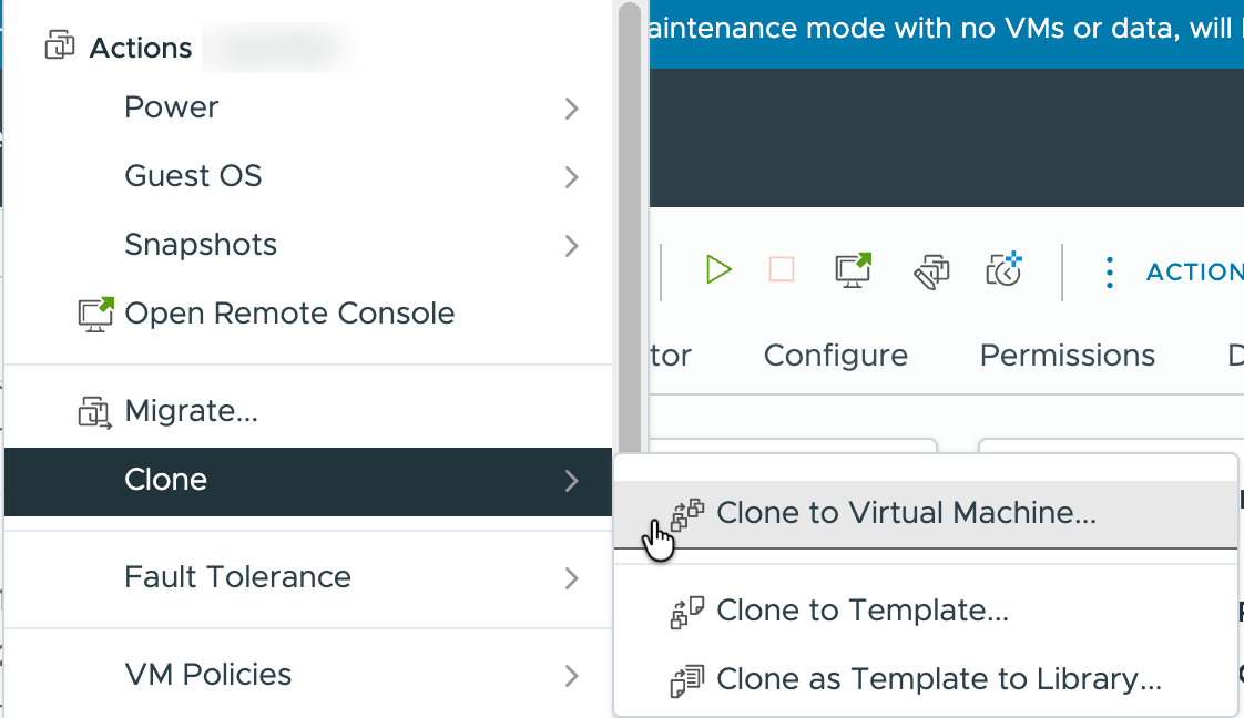 vSphere Actions menu, Clone submenu with Clone to Virtual Machine option