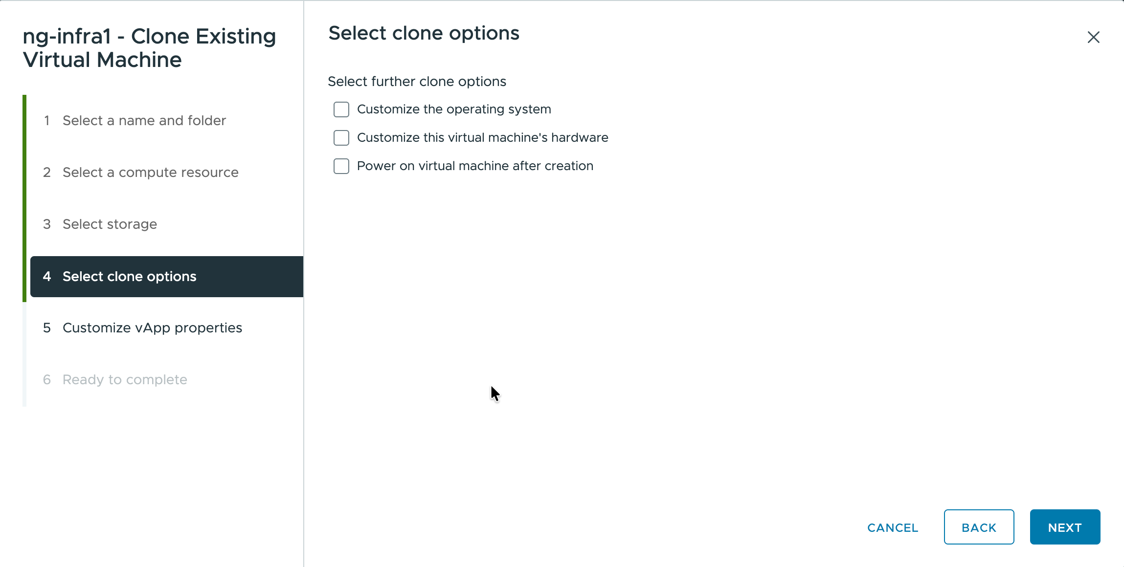 Clone wizard Select clone options step with OS customization, hardware customization, and power-on checkboxes