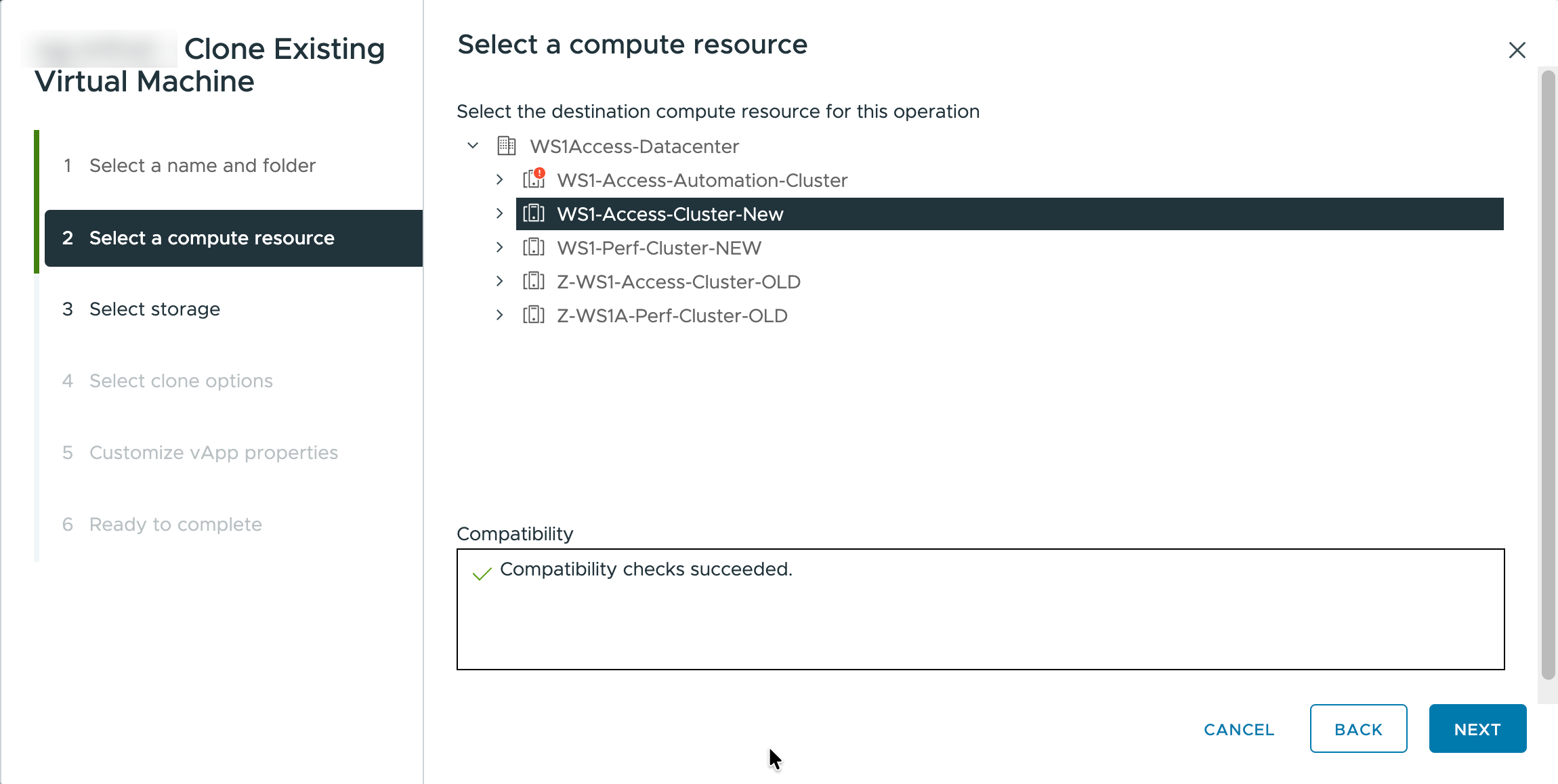 Clone wizard Select a compute resource step with WS1-Access-Cluster-New selected