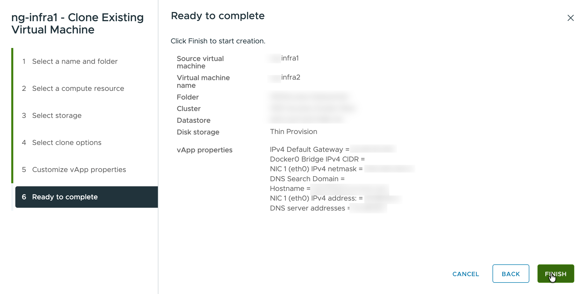 Clone wizard Ready to complete step showing source virtual machine infra1 and new name infra2