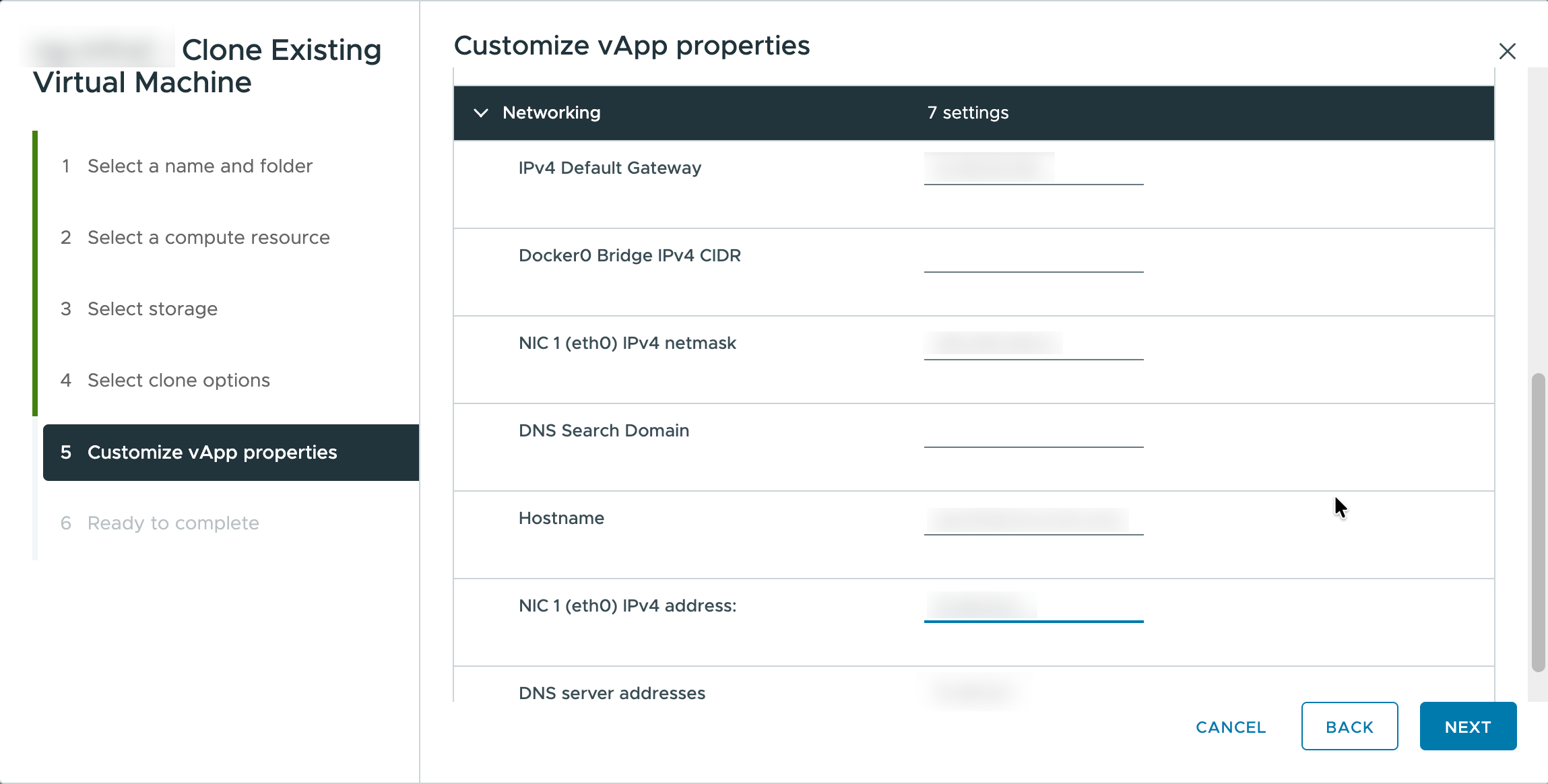 Clone wizard Customize vApp properties step, Networking section with gateway, hostname, and IP fields