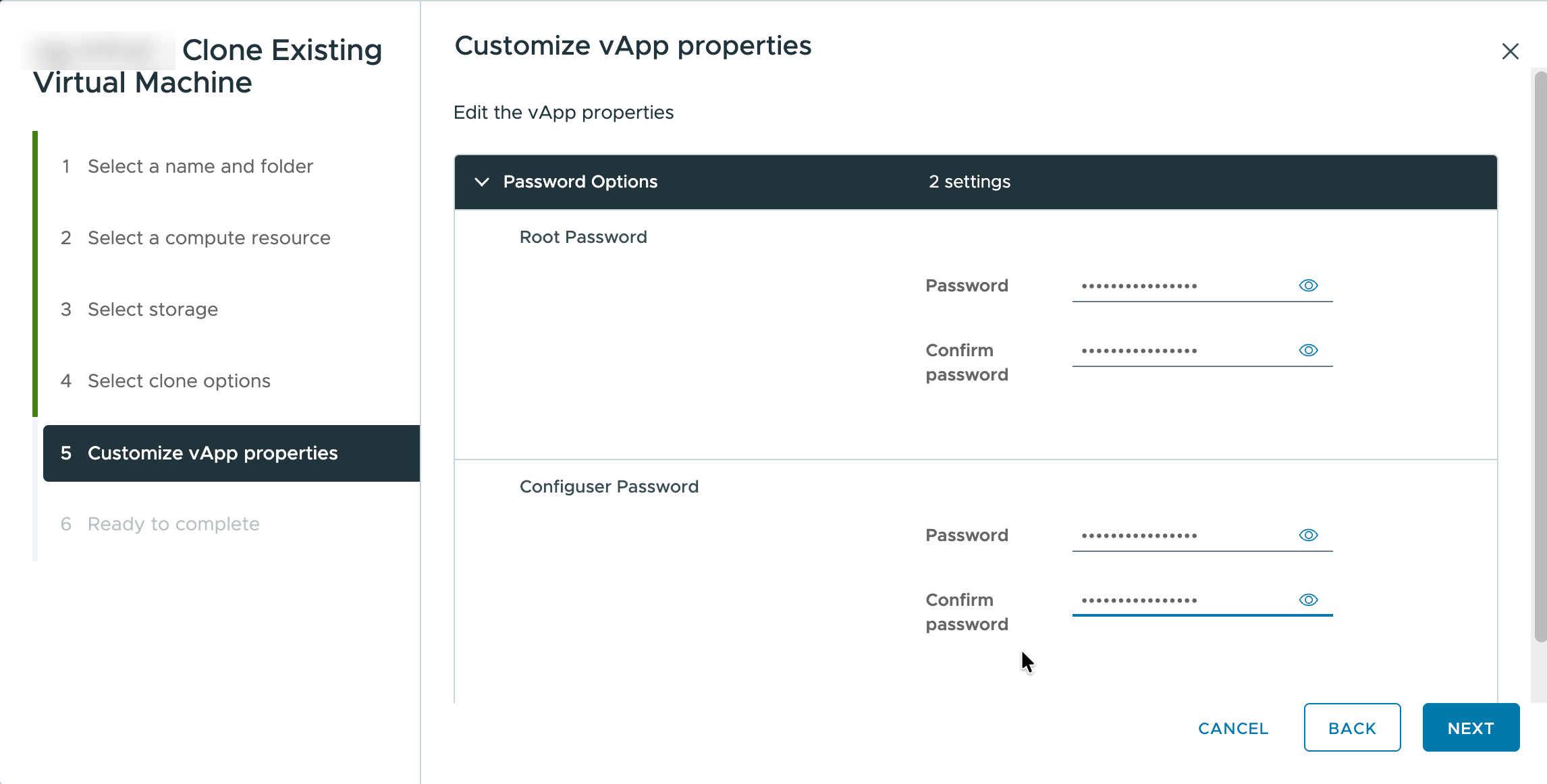 Clone wizard Customize vApp properties step, Password Options with Root and Configuser Password fields