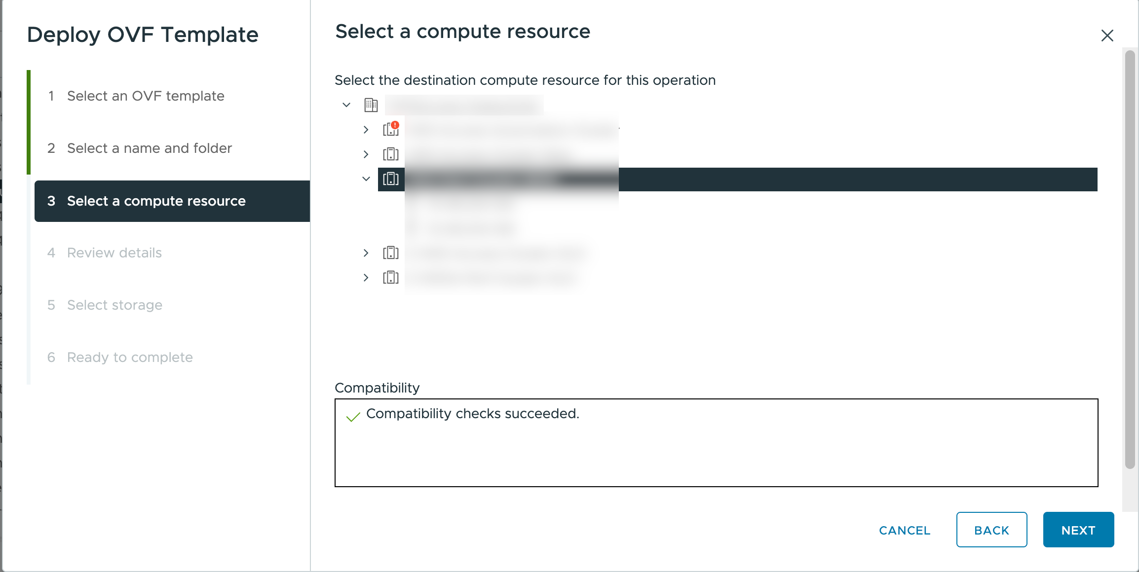 Select a compute resource step showing compatibility checks succeeded