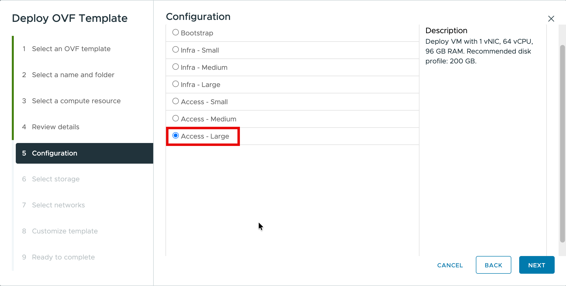Configuration step with Access - Large selected, showing 1 vNIC, 64 vCPU, 96 GB RAM sizing