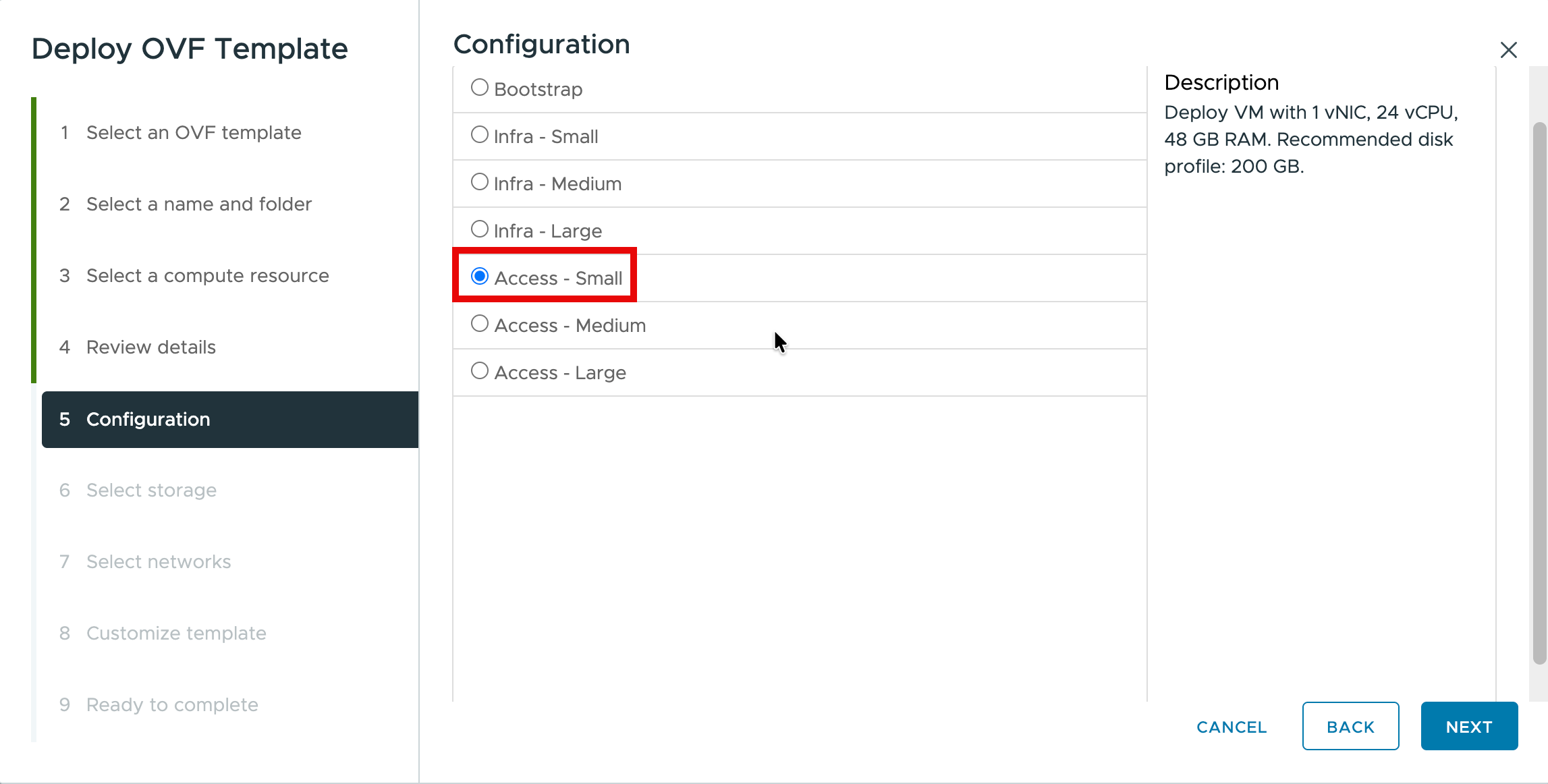 Configuration step with Access - Small selected, showing 1 vNIC, 24 vCPU, 48 GB RAM sizing