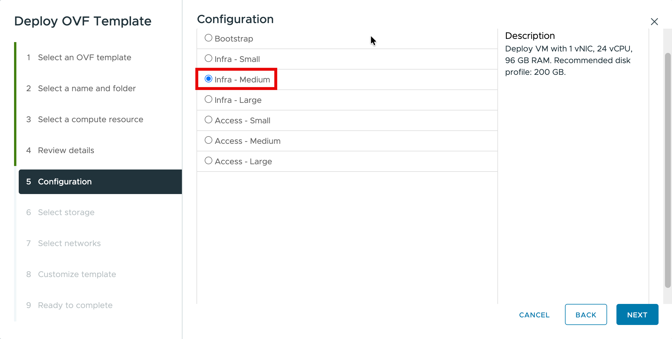 Configuration step with Infra - Medium selected, showing 1 vNIC, 24 vCPU, 96 GB RAM sizing