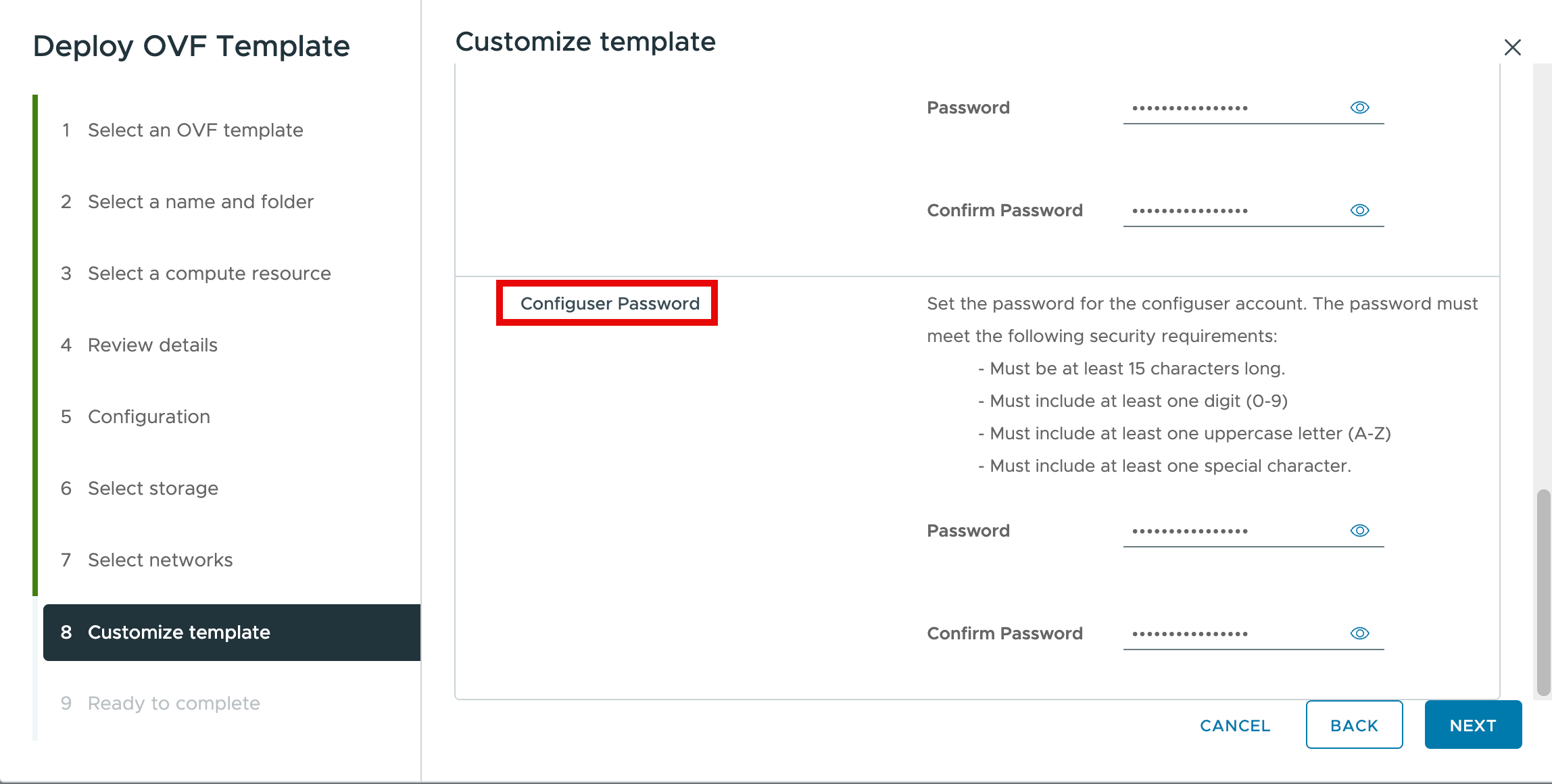 Configuser Password section highlighted to distinguish it from the Root Password fields above