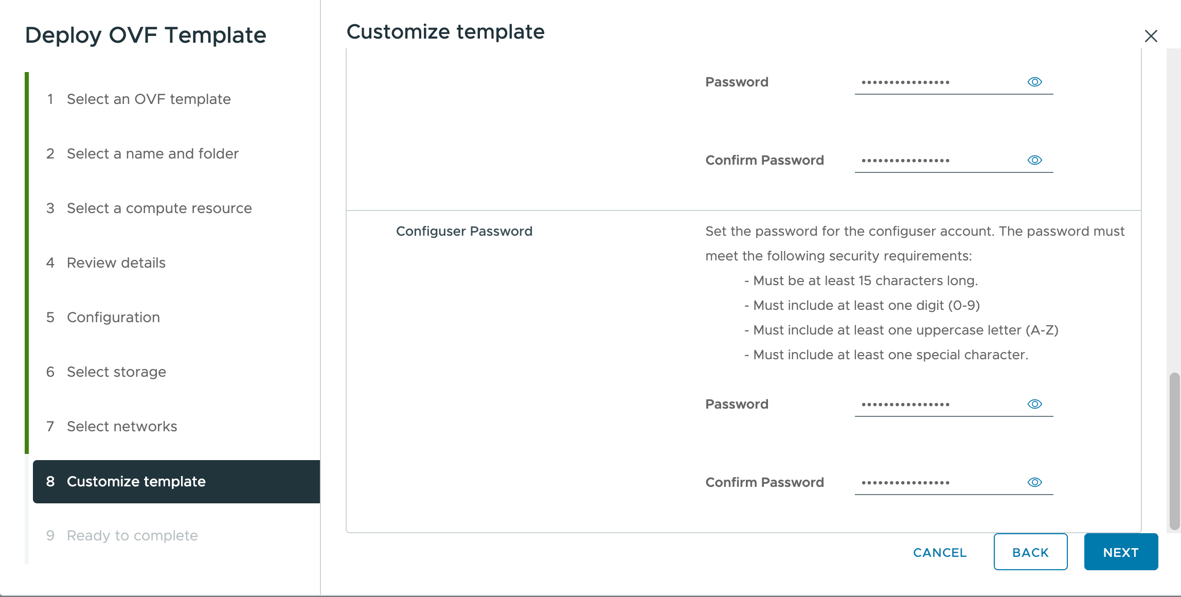 Configuser Password requirements: at least 15 characters, one digit, one uppercase letter, one special character