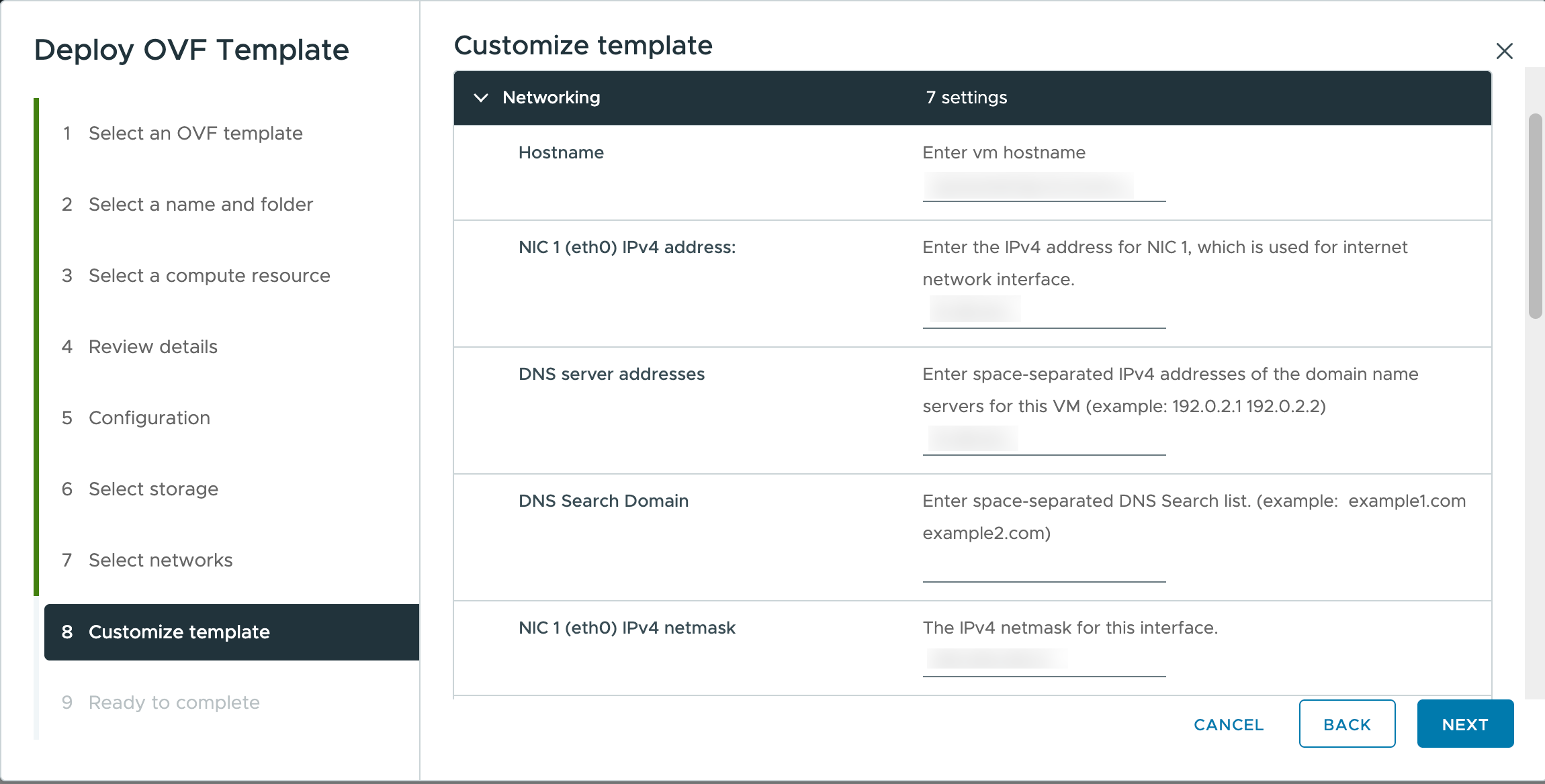 Customize template step, Networking section with hostname, IPv4 address, netmask, and DNS fields