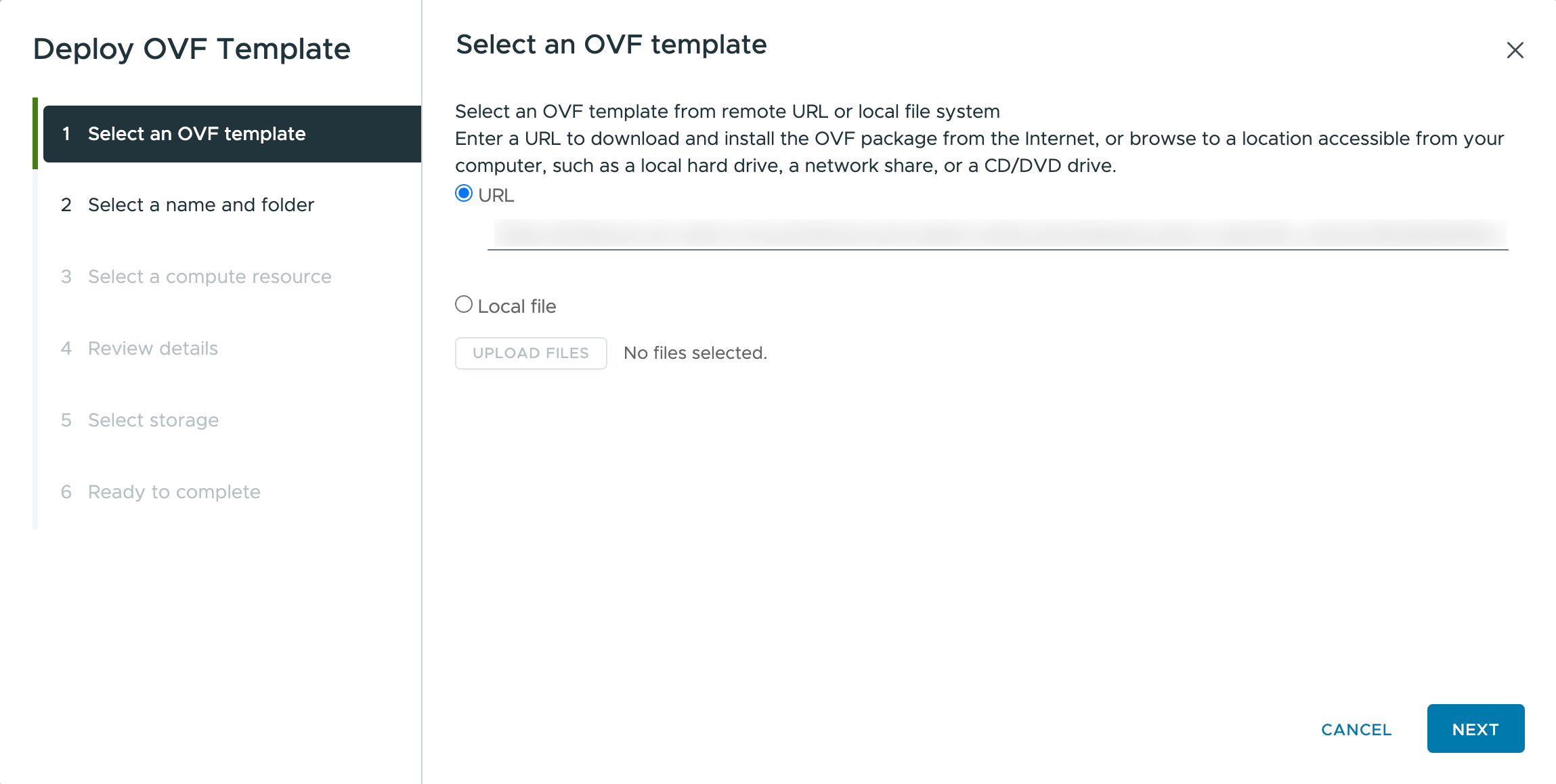 Select an OVF template step with URL option selected for the OVA source