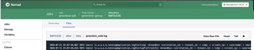 greenbox_web.log file view in Nomad with View Raw File, Head, Tail, and play buttons for streaming the log live