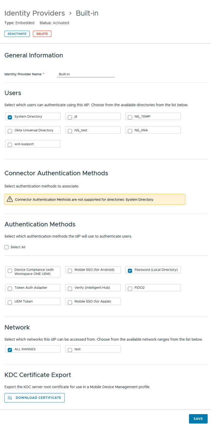 Built-in Identity Provider page in Omnissa Access console Built-in Identity Provider page in Omnissa Access console