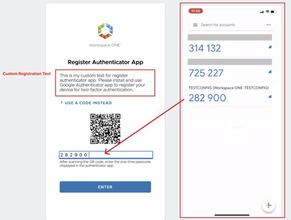 Screenshot of Authenticator App Registration message, QR code and device passcode