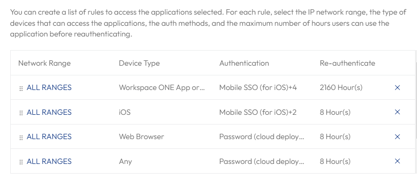 Example of the rule order with Apps on Workspace ONE Intelligent Hub device type listed first in the default access policy
