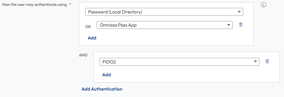Password and Omnissa Pass are selected as first factor and FIDO2 is selected as second factor.