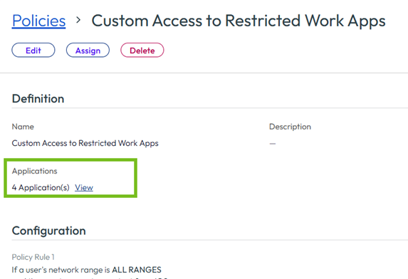 Policy page showing number of applications assigned to it