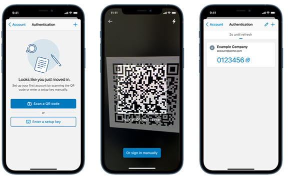 There are three screens: Authentication tab in app with Scan a QR code and Enter a setup key options, QR code, and a key.