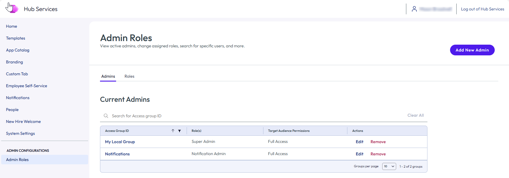 Hub Services console Admin Roles page Hub Services console Admin Roles page