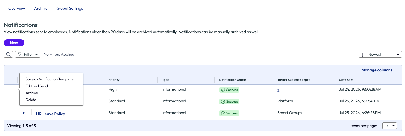 The Notifications list with a variety of columns, including the name, priority and target audience of the notification. The Notifications list with a variety of columns, including a column for a three-dot menu name, priority and target audience of the notification.