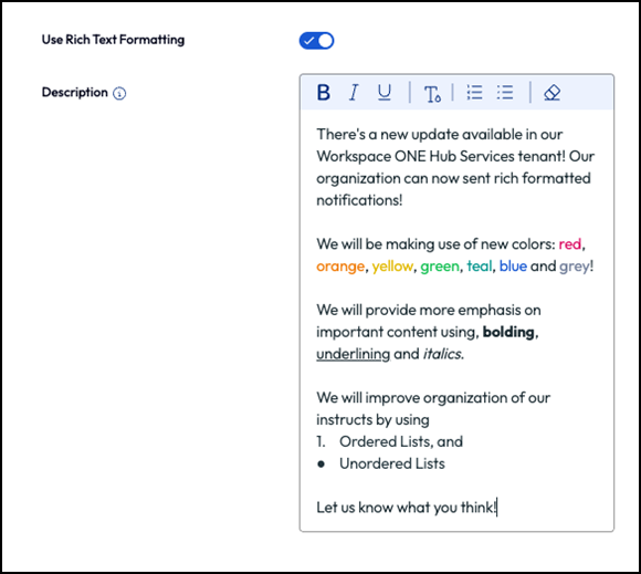 Example of rich text formatting options available