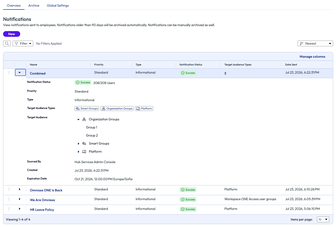 Notification entry expanded to display three Target Audience Types and in the Target Audience section, showing two groups under Organization Groups. Notification entry expanded to display three Target Audience Types and in the Target Audience section, showing two groups under Organization Groups.