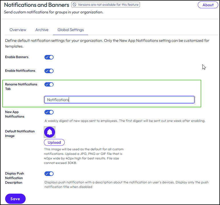 Rename Notifications Tab toggle enabled with "Notifications" entered in the custom name field. Rename Notifications Tab toggle enabled with "Notifications" entered in the custom name field.
