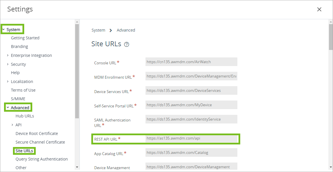 Shows the location of Site URLs in the UEM console