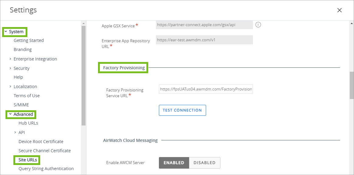 Shows the location of Factory Provisioning in the UEM console