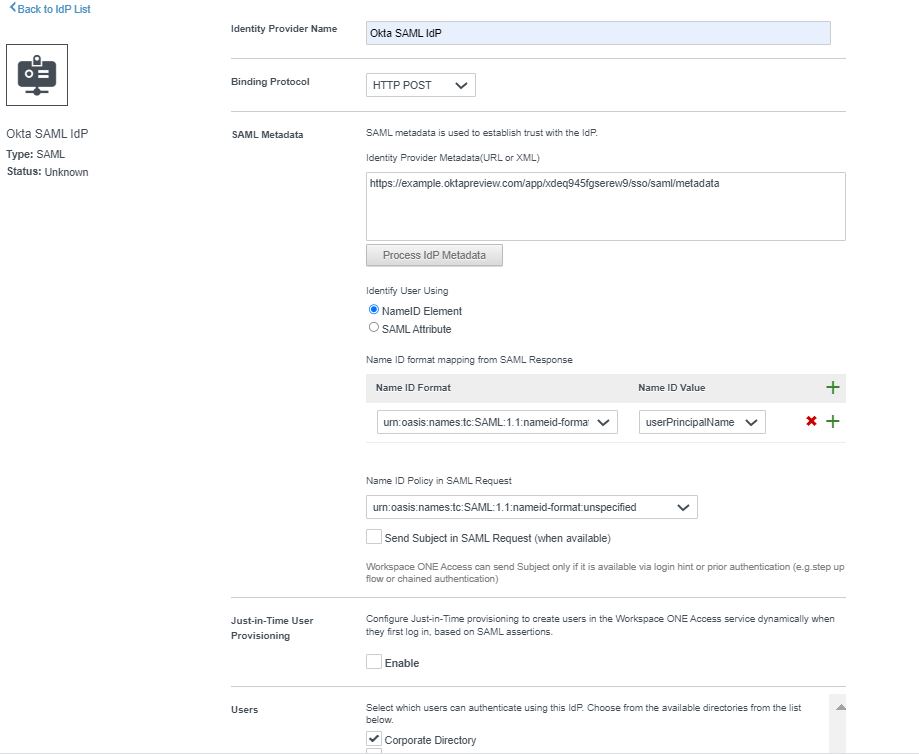 The image displays the New Identity Provider form filled out with the values mentioned above.