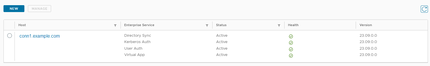 The Connectors page lists one connector with the Directory Sync, User Auth, and Virtual App services. The services are Active and display a green check box in the Health column.
