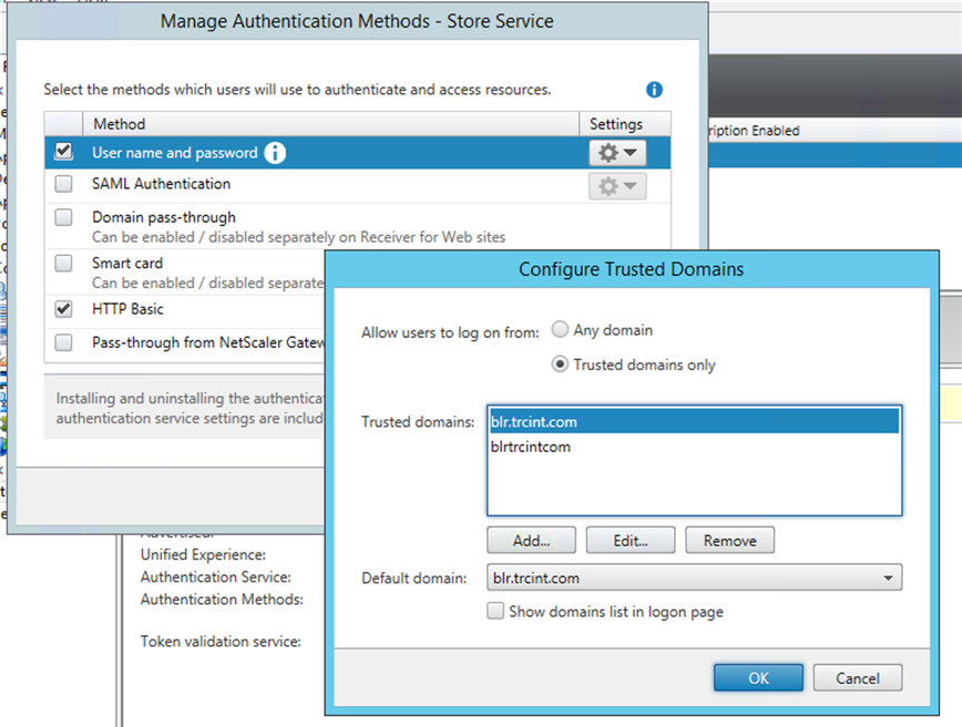 Configuring a trusted domain in the correct format in the Citrix Configure Trusted Domains dialog box. Configuring a trusted domain in the correct format in the Citrix Configure Trusted Domains dialog box.