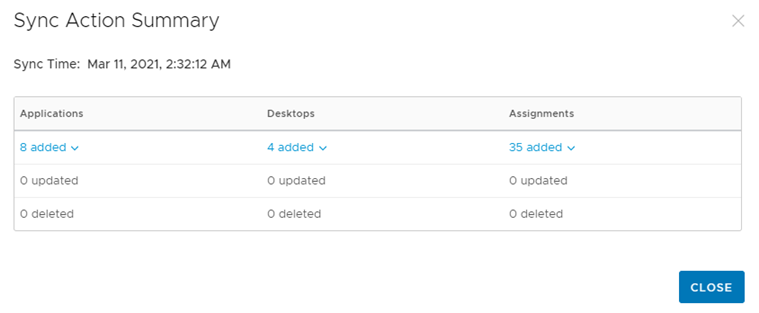 The Sync Action Summary dialog box displays a table with Applications, Desktops, and Assignments Columns. The Applications column states 8 added, the Desktops column states 4 added, and the Assignments column states 35 added.