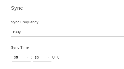 In the screenshot, Sync Frequency is set to Daily, and Sync Time is set to 5 UTC. In the screenshot, Sync Frequency is set to Daily, and Sync Time is set to 5 UTC.