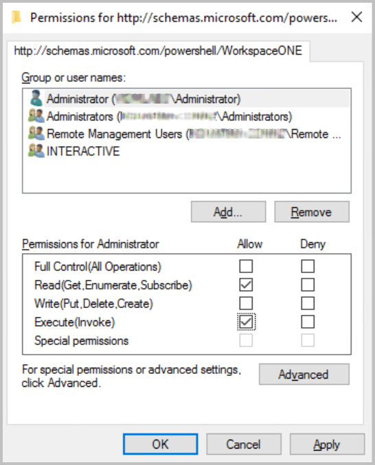 In the Permissions dialog box, a user named Administrator is selected and in the Permissions section, Execute(Invoke) is selected in the Allow column. In the Permissions dialog box, a user named Administrator is selected and in the Permissions section, Execute(Invoke) is selected in the Allow column.