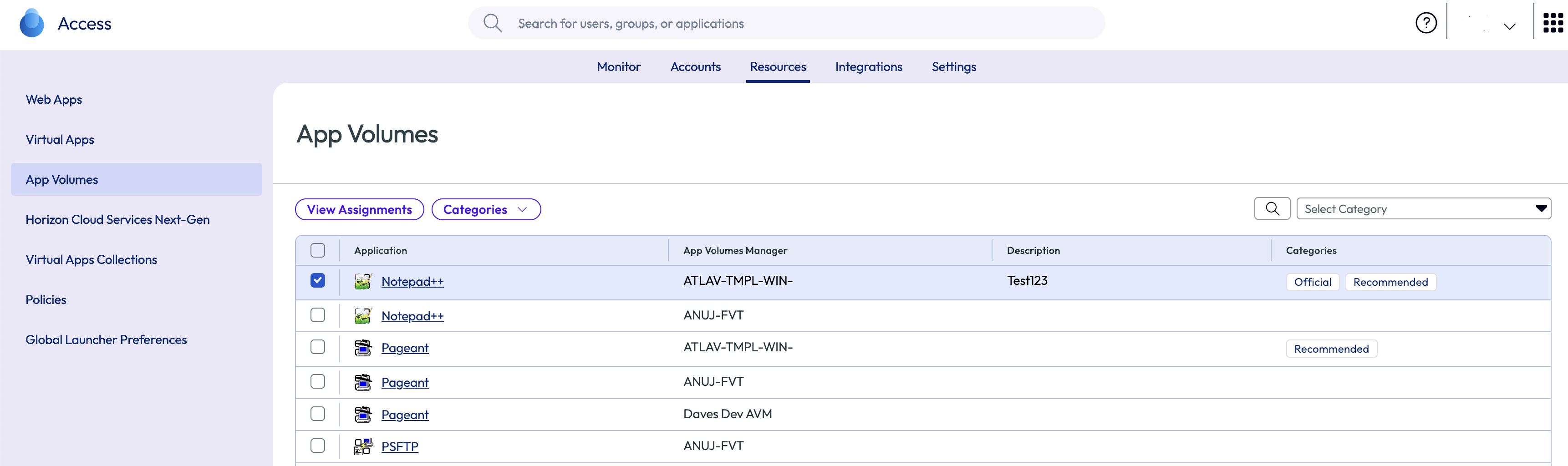 List of App Volumes apps