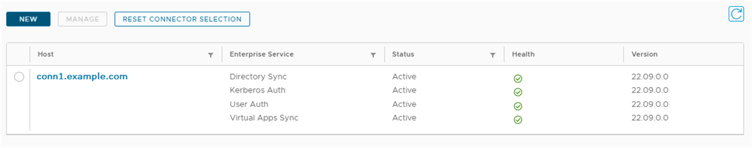 The page lists the connector and all the installed services. The status is Active, the health green, and the version is 22.05.
