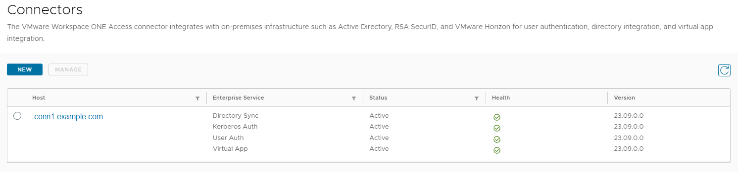 The Connectors page lists the connector and all the installed services. The status is Active, the health is green, and the version is 23.09. The Connectors page lists the connector and all the installed services. The status is Active, the health is green, and the version is 23.09.