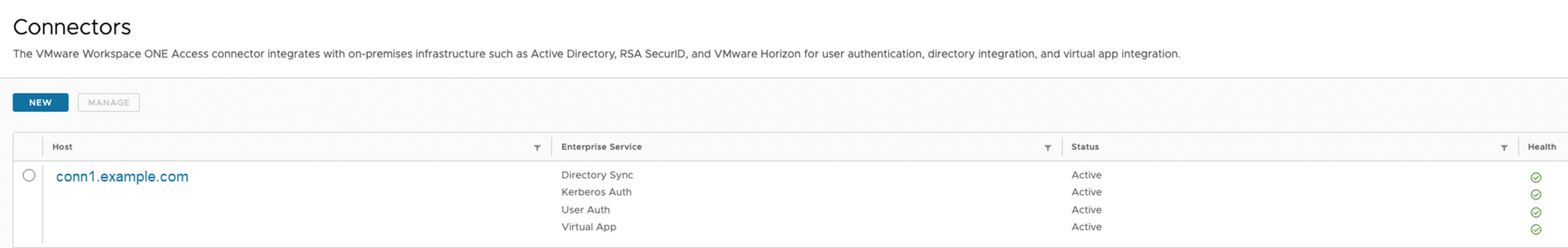 The connector and the installed services appear on the page. The status is Active, and the health is green.
