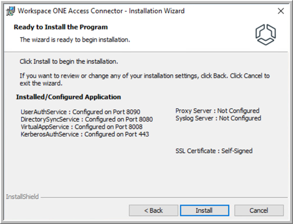The services are listed, along with the ports. Proxy and syslog servers are not configured. The SSL certificate is self-signed. The services are listed, along with the ports. Proxy and syslog servers are not configured. The SSL certificate is self-signed.