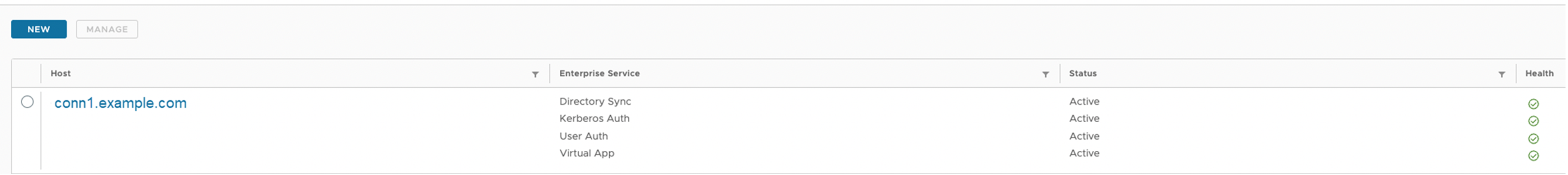 The connector and the installed services appear on the page. The status is Active, and the health is green.