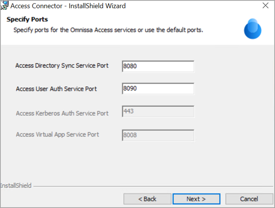 Example ports are 8080 for Directory Sync, 8090 for User Auth, 443 for Kerberos Auth, and 8008 for the Virtual App service.