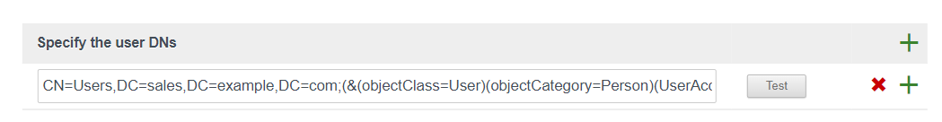 In the User DN text box, enter the user DN, followed by a semicolon and the filter. In the User DN text box, enter the user DN, followed by a semicolon and the filter.