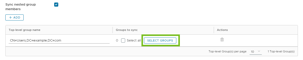 The Select Groups option is selected for the top-level group CN=Users,DC=example,DC=com.