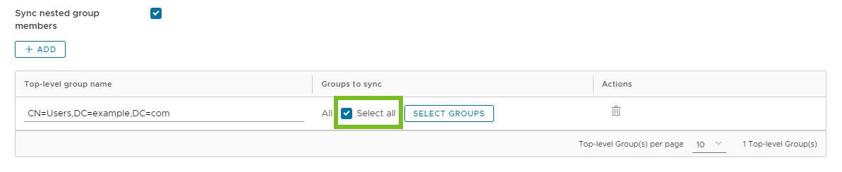 The Select all option is selected for the top-level group CN=Users,DC=example,DC=com.